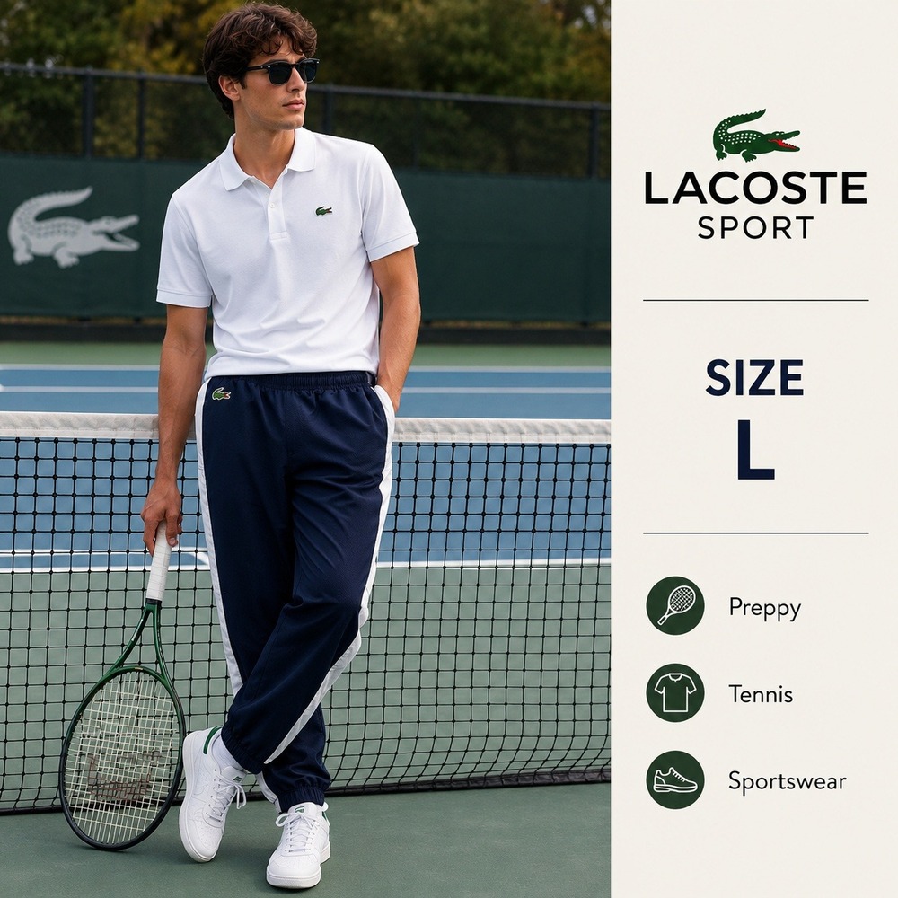 Lacoste Sport Track Pants Mens L Navy Blue White Stripe Athletic Joggers Tennis